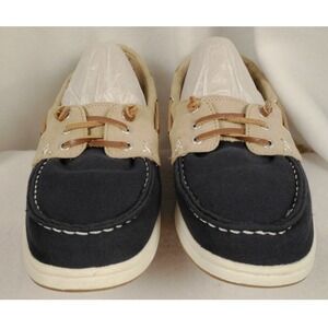 NWOT Khombu Womens 8.5 Boat Shoes Navy Tan Canvas Lace Up Nautical‎ Comfort